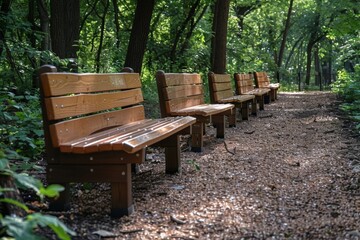 A peaceful scene of wooden benches lined up along a gravel path in a lush green forest, inviting relaxation.