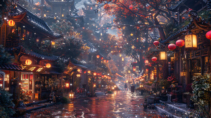 Obraz premium A bustling marketplace in a bustling faerie city, where winged creatures barter for enchanted goods amidst sparkling lanterns and whimsical architecture