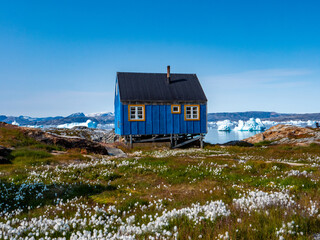 Blue house in the Tiilerilaaq village in east Greenland