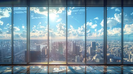 Wide panoramic view of a dense city skyline through large windows in a high-rise, under a sunny sky.