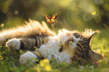 Cute cat lying on the grass with butterfly in the morning