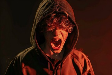Portrait of a young man in a hoodie on a dark background