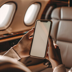 Close-up of Female Hands Holding Smartphone in Luxury Private Jet Cabin with Elegant Interior, Sunlit Atmosphere with Blank Screen phone mockup.