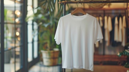 Blank white t-shirt mockup displayed on a clothing rack in a retail store