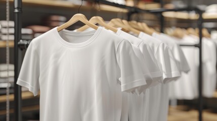 Blank white t-shirt mockup displayed on a clothing rack in a retail store