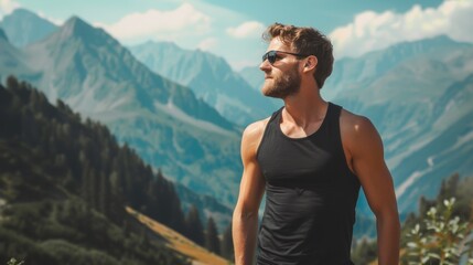 Naklejka premium healthy man wearing a blank black tank top mockup while hiking in the mountains