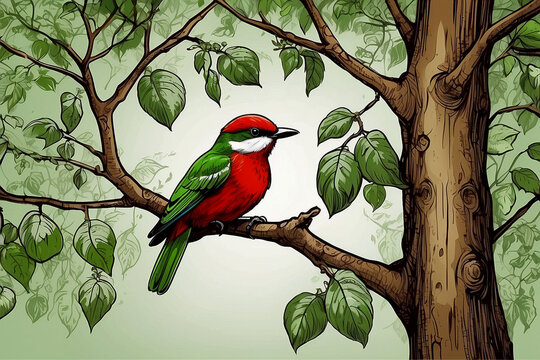Red-Green Bird On A Tree black and white Backgrounds
