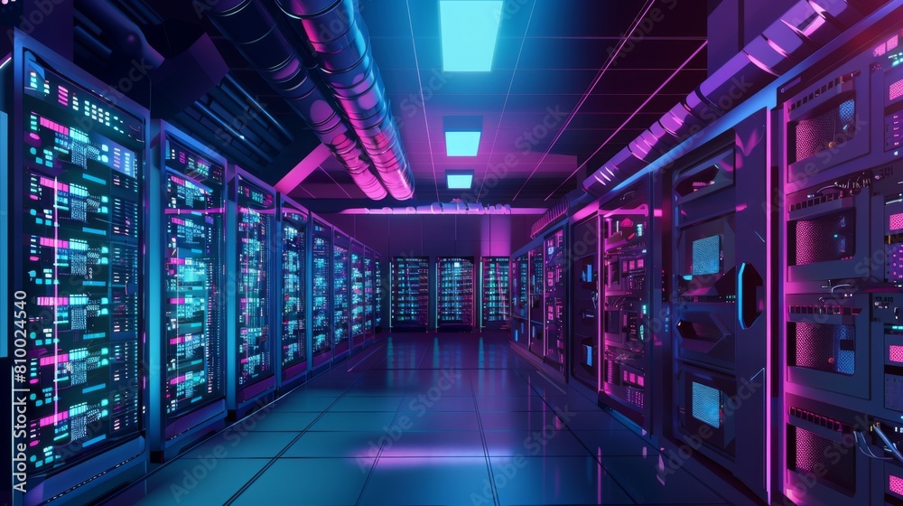 Poster Multiple rows of servers illuminated by vibrant neon lights in a data center, showcasing advanced technology and connectivity infrastructure.