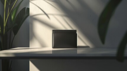 Black leather wallet mockup on a minimalist setting
