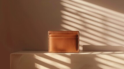 Brown leather wallet mockup on a minimalist surface