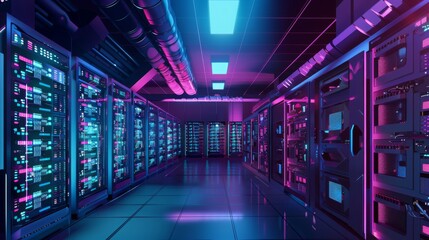Multiple rows of servers illuminated by vibrant neon lights in a data center, showcasing advanced technology and connectivity infrastructure.