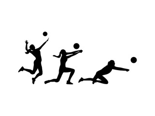 Female volleyball player silhouette. Female serving volleyball. Female volleyball player isolated white background.