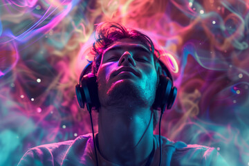 Man Enjoying Music on Headphones, Immersed in Vivid Neon Light Experience