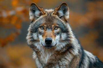 Naklejka na ściany i meble Close-up portrait of a wolf in the autumn forest, Animal portrait