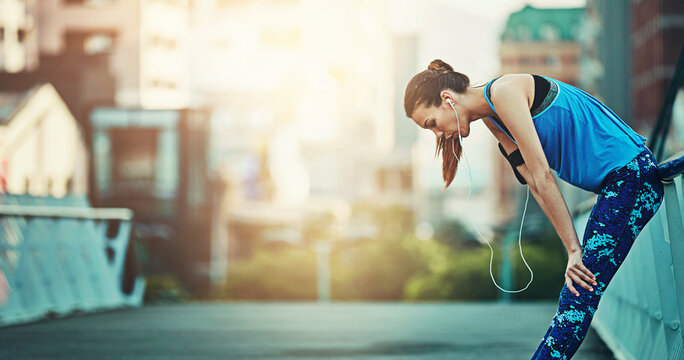 Run, fitness and woman in city, tired and exhausted with challenge, endurance and urban town. Person, runner and athlete with fatigue, exhausted and low energy with progress, breathing and wellness