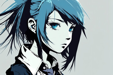 Anime character girl with blue hair and eyes portrait