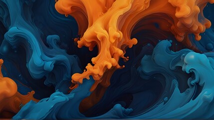 Obraz premium Vivid Ink Fusion: Dynamic Blue and Orange Liquid Abstract - High-Quality 3D Digital Art,abstract, vibrant, dynamic, fluid, creative