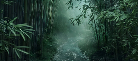 A narrow path winds through a towering bamboo forest, the leaves whispering in a gentle breeze, captured in ultra HD clarity