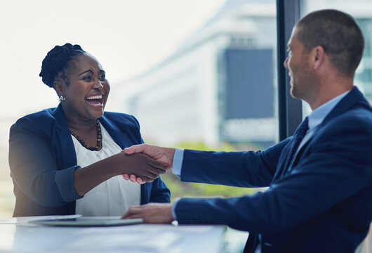 Business people, handshake and excited promotion in office for onboarding congratulations, interview or contract. Man, woman and hiring deal for company welcome or recruitment, happy or partnership