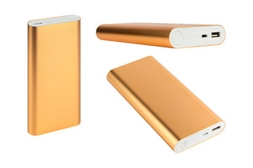set power bank in gold metal case isolated from background	