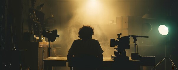 Filmmaker contemplating on set amidst dramatic lighting