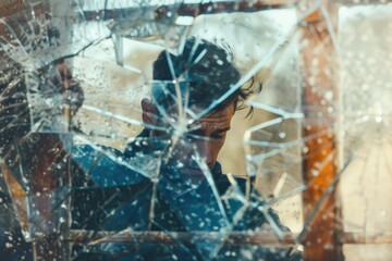 A man peering through a shattered window. Perfect for illustrating concepts of surveillance or insecurity