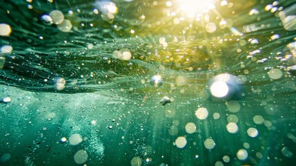Bubbles and bokeh underwater in clear green ocean of California - obrazy, fototapety, plakaty
