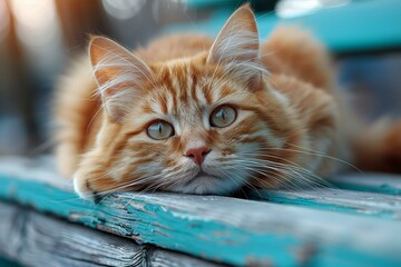 Cute ginger cat lying on the blue wooden bench in sunny day - Powered by Adobe