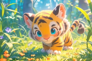 Obraz premium A cute cartoon baby tiger in the forest, full body shot, cartoon background