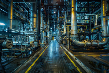 The intense environment of a chemical processing unit, with reactors and piping system dominating the industrial scene 