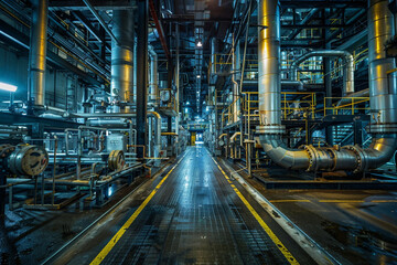 Obraz premium The intense environment of a chemical processing unit, with reactors and piping system dominating the industrial scene 