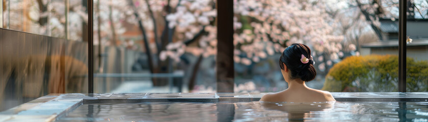 Woman relaxing in onsen hot springs pool with sakura cherry blossom