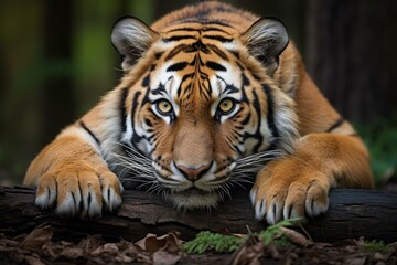 Fototapeta premium Close-up of a majestic bengal tiger lying down with a deep, focused stare