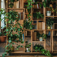 A close up of contemporary boho rustic bookshelf  with plants, that serves as a modern decorative partition-element.