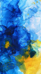 Alcohol ink abstract painting in shades of cerulean blue and bright yellow, textured oil paint details.