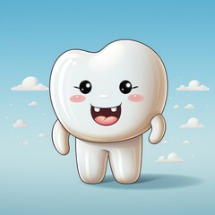 Cute and happy tooth mascot character for kids. Teeth whitening and oral hygiene concept. Vector illustration cartoon dental.