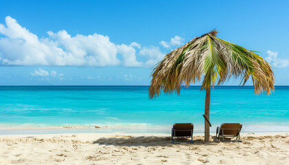 Two empty seats under a palm leaf umbrella set on a sandy beach contrast with the beautiful blue sea in the background, encouraging you to stop and immerse yourself in the pleasure of the moment.