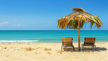 Two empty seats under a palm leaf umbrella set on a sandy beach contrast with the beautiful blue sea in the background, encouraging you to stop and immerse yourself in the pleasure of the moment.
