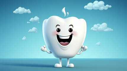 Tooth smile, healthy and bright mascot for kids. 3D Dental cartoon for advertising oral hygiene concept.
