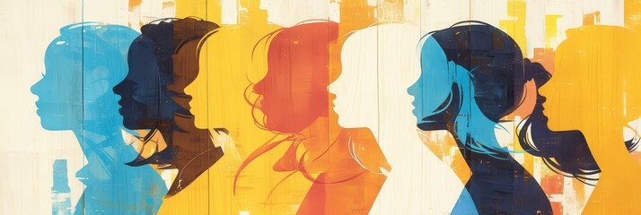 A colorful abstract painting of womens silhouettes in profile, each with their own unique hair and skin tone. The background is a soft gradient from light to dark colors representing the diversity