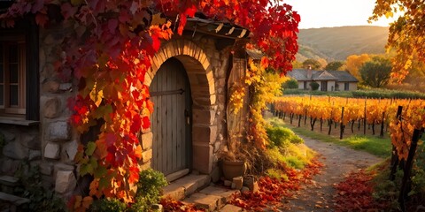 aerial view of a rustic vineyard cottage nestled in a canopy of vines leaves showcasing autumns color palette
