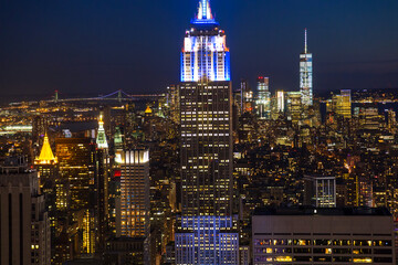 View over Empire State Building & skyline at dusk, Manhattan, New York, U.S.A