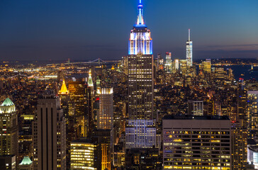 View over Empire State Building & skyline at dusk, Manhattan, New York, U.S.A