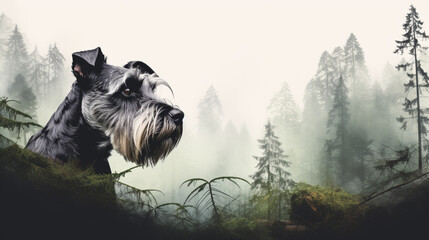Double Exposure, white background of a Schnauzer in front of a forest illustration ~  Created using Generative AI