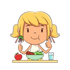 Happy girl eating salad, apple, glass of water