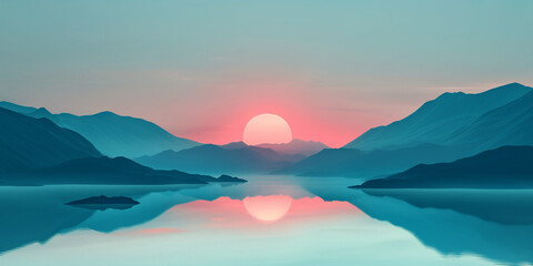 Obraz premium Minimalist surreal landscape concept background poster. Boho style horizontal banner. Sunset or dawn, sunrise, sea, waves, mountains. Digital illustration, photo style. AI artwork.