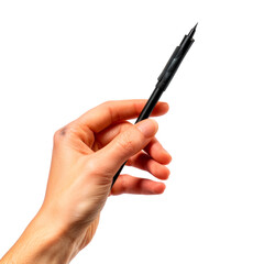 Hand holding a black fountain pen isolated on transparent background