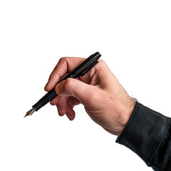 Hand holding a black fountain pen isolated on transparent background