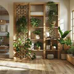 A close up of contemporary boho rustic bookshelf  with plants, that serves as a modern decorative partition-element.