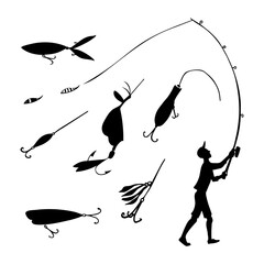 Fisherman and fishing lures. Vector black silhouette images.